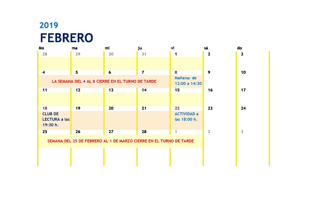 Horario para febrero del 2019