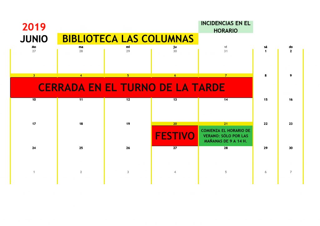 Incidencias en el horario de la biblioteca para el mes de junio del 2019