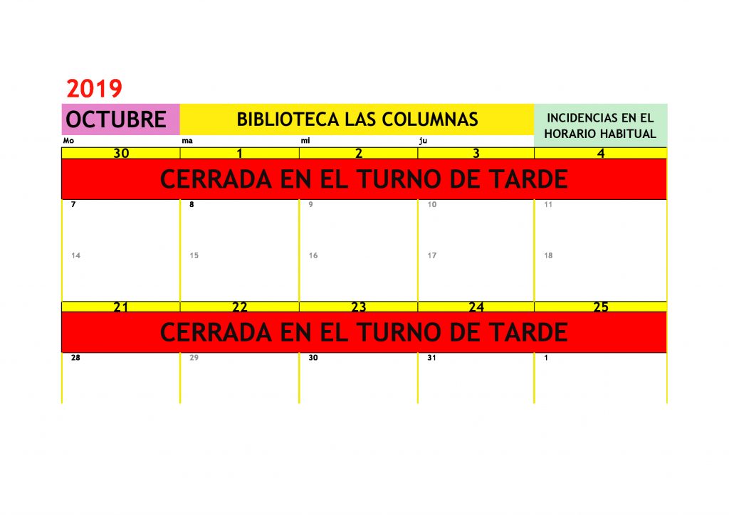 Incidencias en el horario de la biblioteca para el mes de octubre del 2019