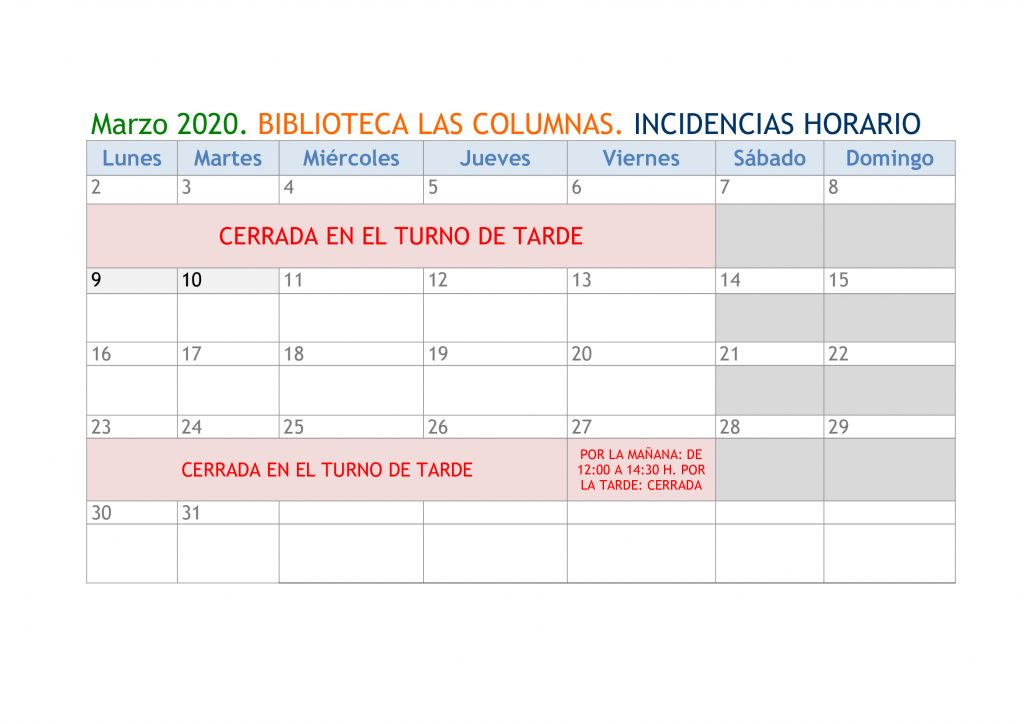 INCIDENCIAS EN EL HORARIO PARA EL MES DE MARZO DE 2020